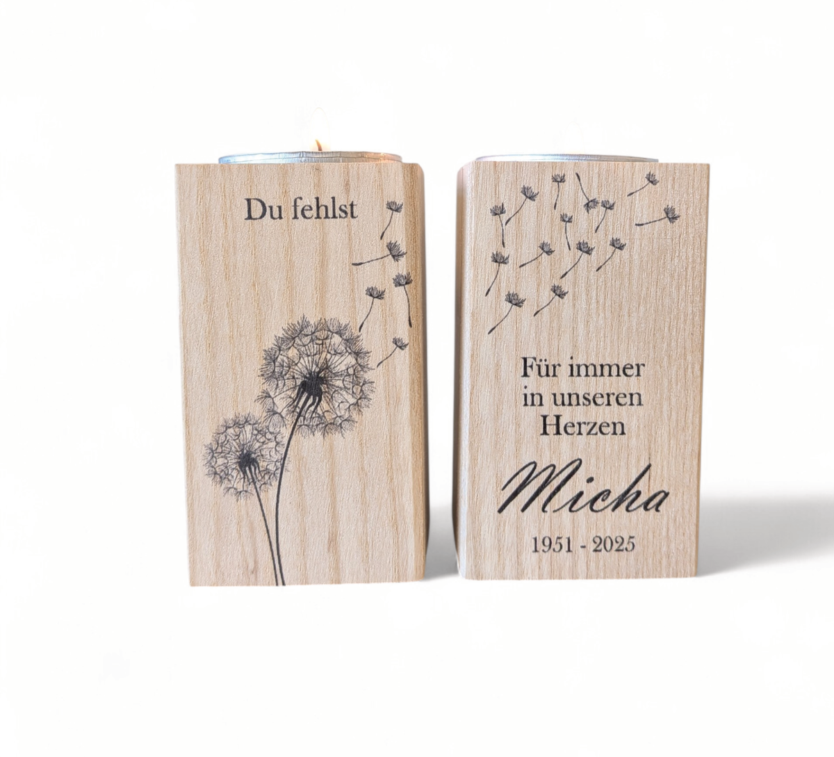Trauerlicht als stilvolles Trauergeschenk aus Holz mit UV-Druck– Erinnerungskerze aus Holz für Trost und Anteilnahme.