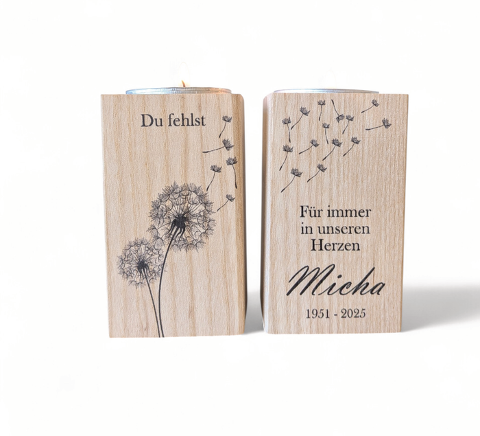 Trauerlicht als stilvolles Trauergeschenk aus Holz mit UV-Druck– Erinnerungskerze aus Holz für Trost und Anteilnahme.