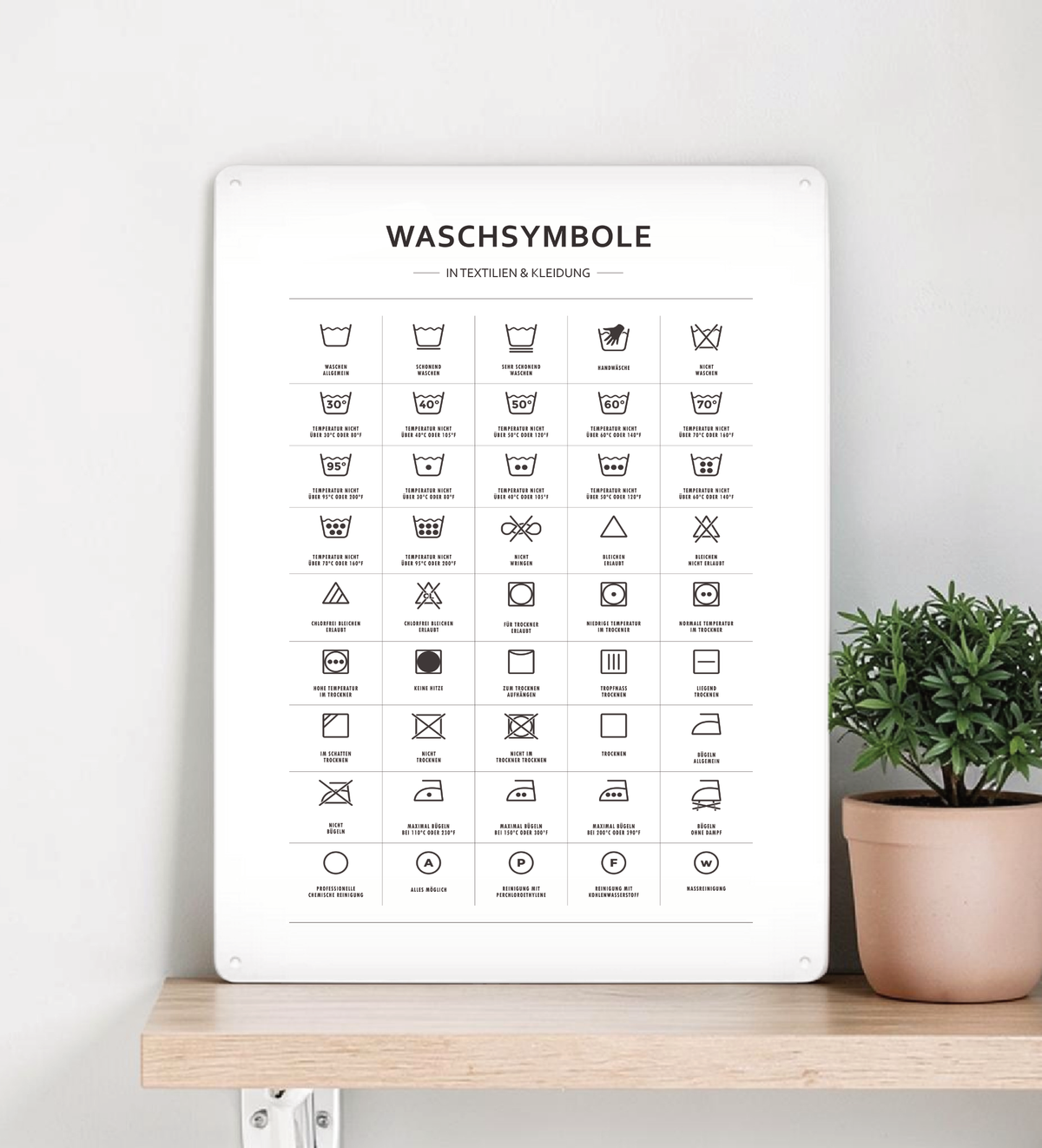 Metall Schild mit Waschsymbolen im A3-Format– ideal für Waschküche oder Badezimmer. Lichtbeständiger UV-Direktdruck - 4/0-farbig bedruckbar. Mit kleinen Vorbohrungen zum Befestigen.