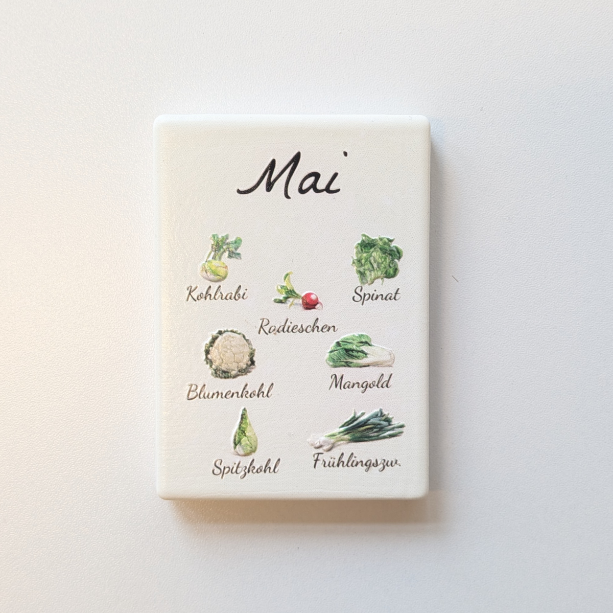 Saisonkalender Kühlschrankmagneten aus Keramik. Jeder Magnet repräsentiert einen Monat von Januar bis Dezember mit deutscher Beschriftung in geschwungener Schrift. Auf der cremefarbenen Oberfläche sind detailreiche, farbige Illustrationen von saisonalem Obst und Gemüse mit den jeweiligen Namen abgebildet.
