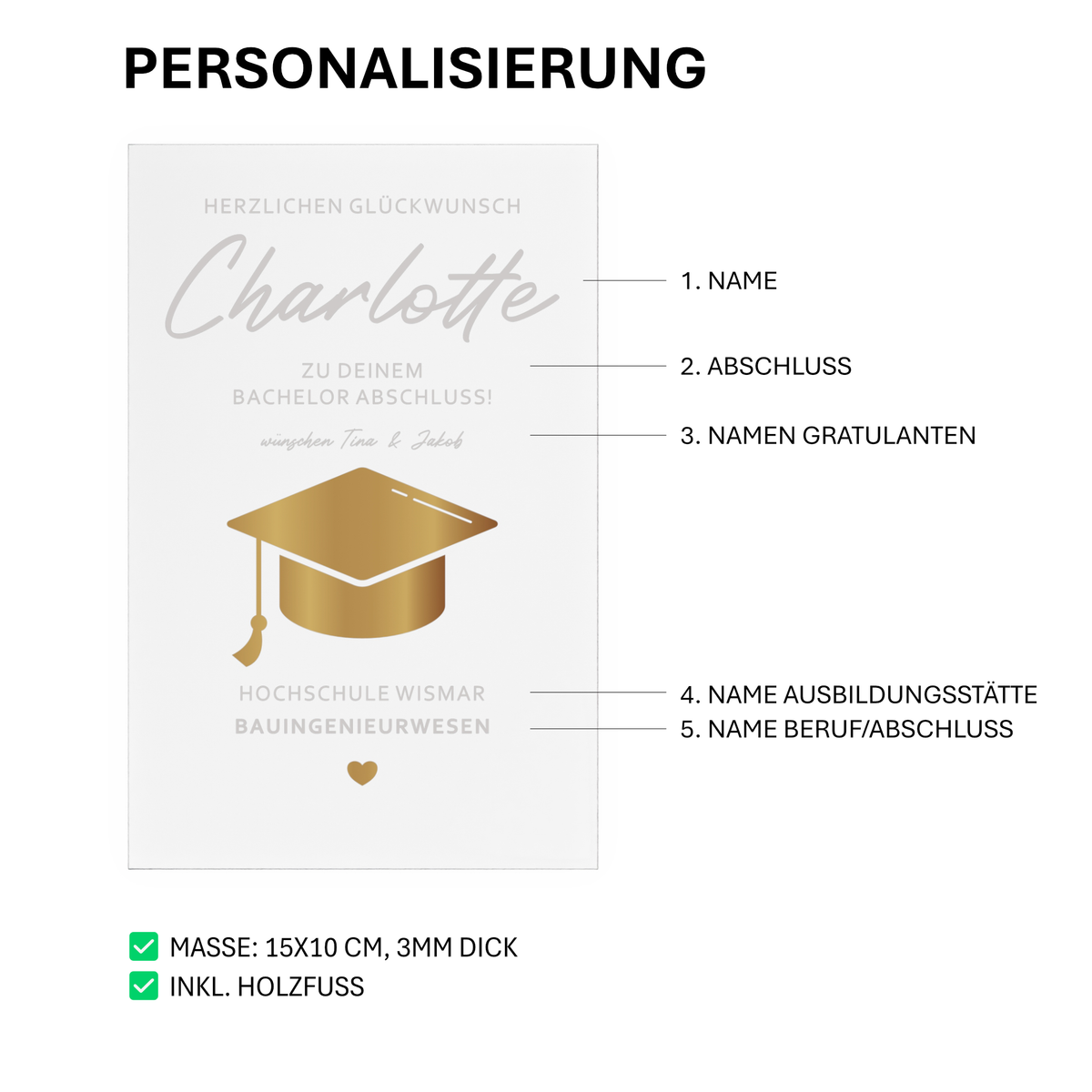 Transparenter Acrylglas-Aufsteller mit Holzsockel, personalisiert als Geschenk zum Abschluss. Zeigt goldene Doktorhut-Grafik, Namen, Studiengang und Hochschule in elegantem Design.