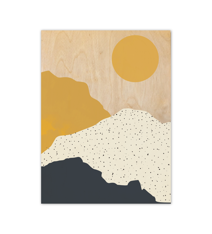 Abstrakte Illustration einer Berglandschaft mit gelber Sonne in Blau- und Gelbtönen, gedruckt auf einer natürlichen 9mm Birkensperrholzplatte im Format 30x40 cm.