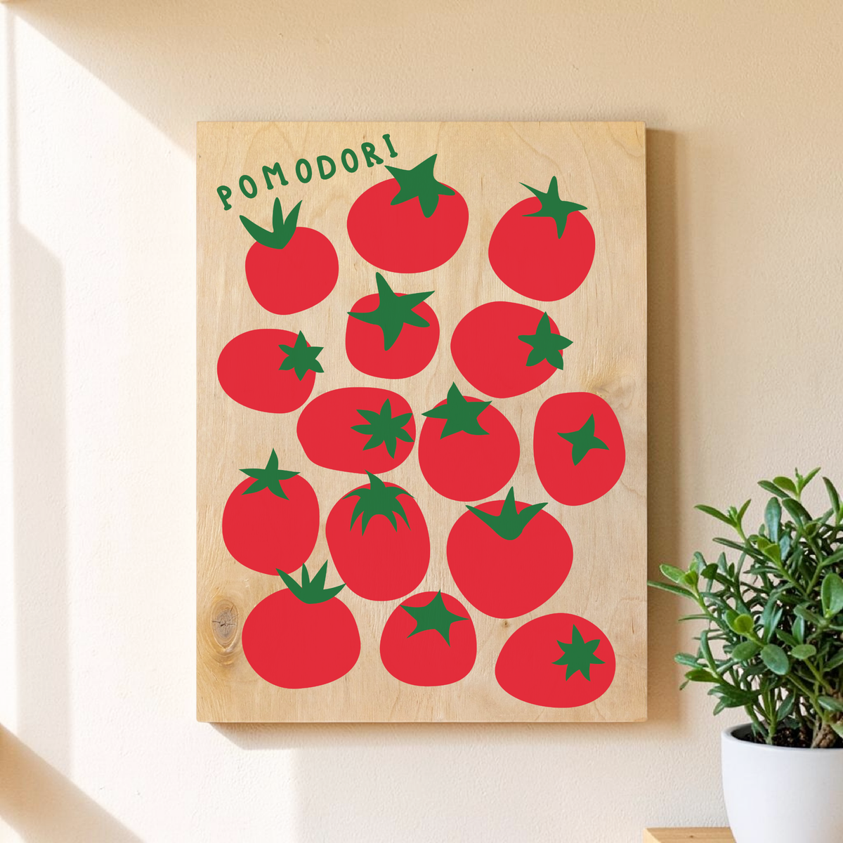 Vintage-Illustration von roten Tomaten auf einer stabilen Birkenholzplatte, Format 30x40 cm, rustikale Küchendekoration im italienischen Stil.