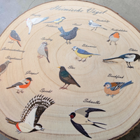 Eine runde Holzscheibe aus hellem Paulownia-Holz mit echter Baumrinde. Auf der Oberfläche sind im Kreis 14 verschiedene heimische Vogelarten wie Blaumeise, Rotkehlchen und Specht mit ihren Namen farbig aufgedruckt. Oben steht der geschwungene Schriftzug "Heimische Vögel". Der Druck hat ein fühlbares 0,3 mm Relief.
