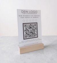 Google Bewertung QR-Code Aufsteller (13x15 cm) Material: Acrylglas + Holzsockel Personalisierung: QR-Code + Logo/Name Entwurf zur Freigabe inklusive Ideal für Tresen, Empfang, Events