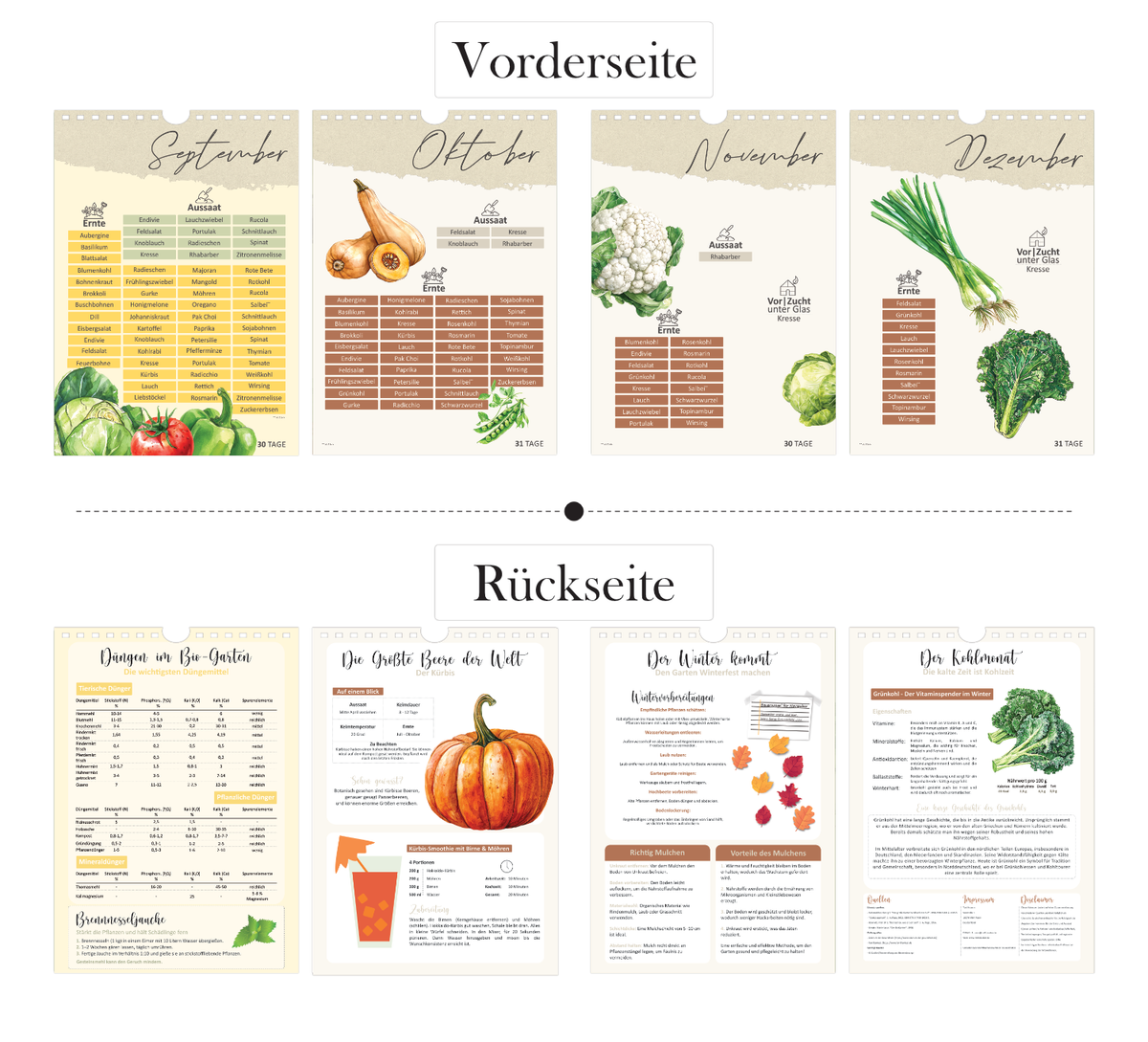 Ein hochwertiger Gartenkalender, der jeden Monat die Aussaat- und Erntezeiten übersichtlich darstellt. 