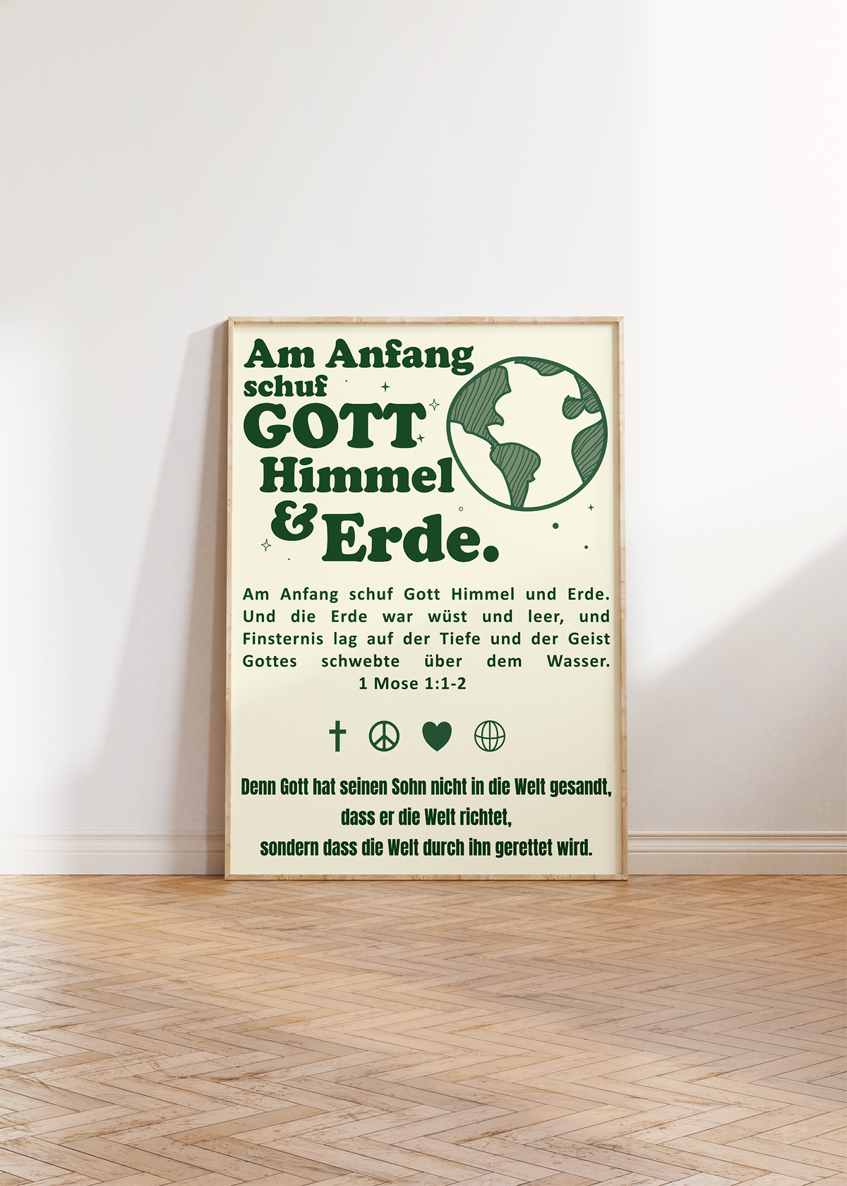 Dieses christliche Poster auf deutsch mit dem zeigt 1 Mose 1:1-2 "Am Anfang schuf Gott Himmel und Erde." 