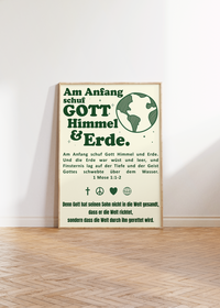 Dieses christliche Poster auf deutsch mit dem zeigt 1 Mose 1:1-2 "Am Anfang schuf Gott Himmel und Erde." 
