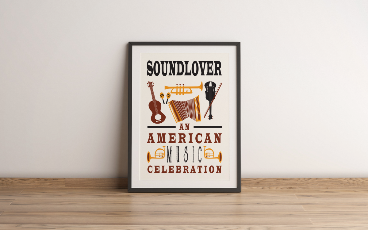 Das Bild zeigt ein retro Musik Poster im zeitgenössischen Stil mit verschiedenen Instrumenten. 