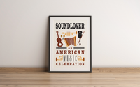 Das Bild zeigt ein retro Musik Poster im zeitgenössischen Stil mit verschiedenen Instrumenten. 