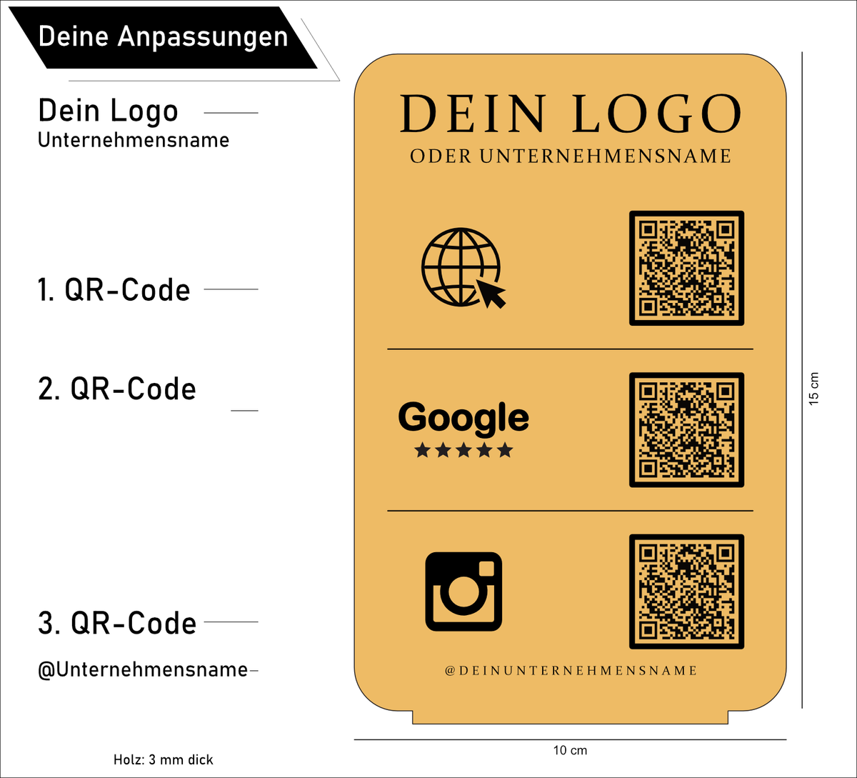 Personalisierter QR-Code Aufsteller aus hellem Holz mit schwarzem Standfuß, Logo-Gravur und drei QR-Codes für Website, Google-Bewertungen und Instagram.