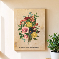 Vintage-Illustration bunter Blumen, hochwertiger UV-Druck auf einer 9mm dicken Birkensperrholzplatte im Format 30x40cm, natürliche Holzmaserung scheint leicht durch, rustikaler Look für die Wand.