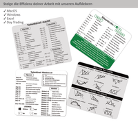 MacBook Shortcut Sticker (8,5 x 8 cm) mit deutschen macOS-Tastenkürzeln – wasserfest, abwaschbar, ideal für effizientes Arbeiten am Laptop.
