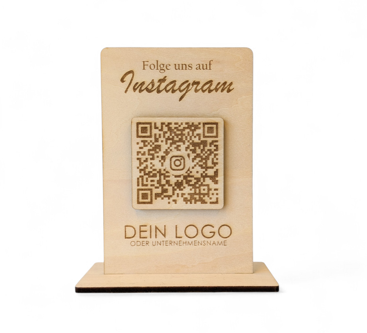 Social Media QR-Code Aufsteller aus Holz – Individuell für Instagram, TikTok, LinkedIn & mehr. Wunschtext & Logo/Firmennamen gravierbar. Hochwertige Theke-Deko inkl. Fuß. Jetzt personalisieren!