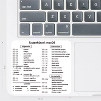 MacBook Shortcut Sticker (8,5 x 8 cm) mit deutschen macOS-Tastenkürzeln – wasserfest, abwaschbar, ideal für effizientes Arbeiten am Laptop.