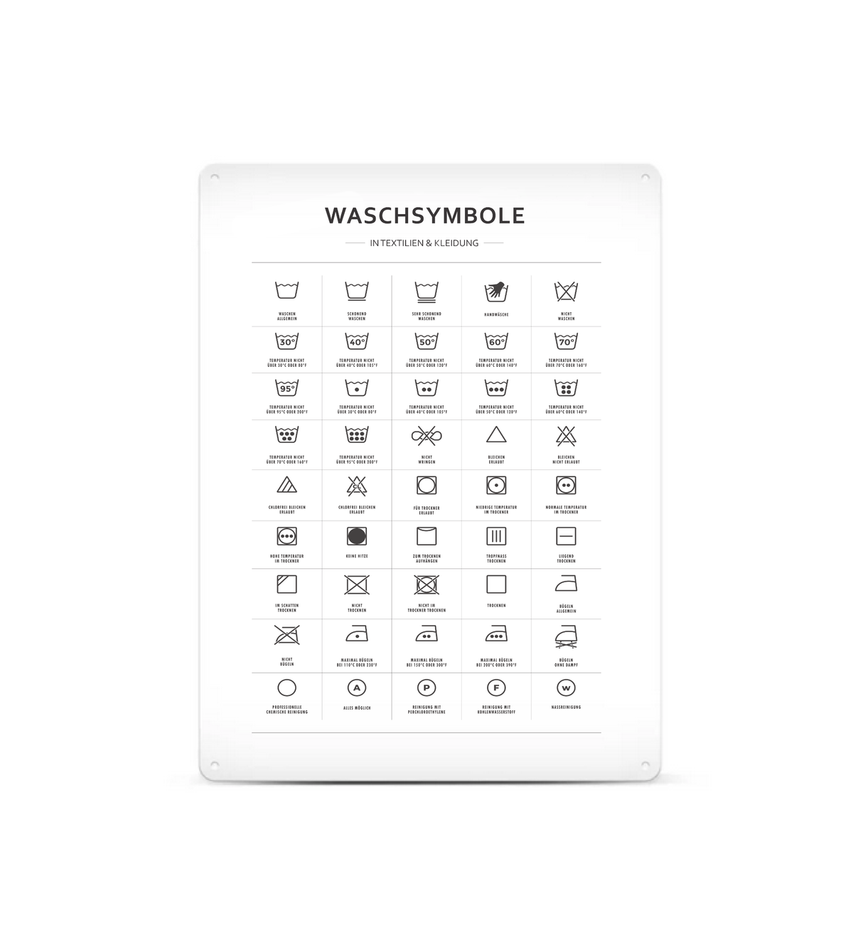 Metall Schild mit Waschsymbolen im A3-Format– ideal für Waschküche oder Badezimmer. Lichtbeständiger UV-Direktdruck - 4/0-farbig bedruckbar. Mit kleinen Vorbohrungen zum Befestigen.
