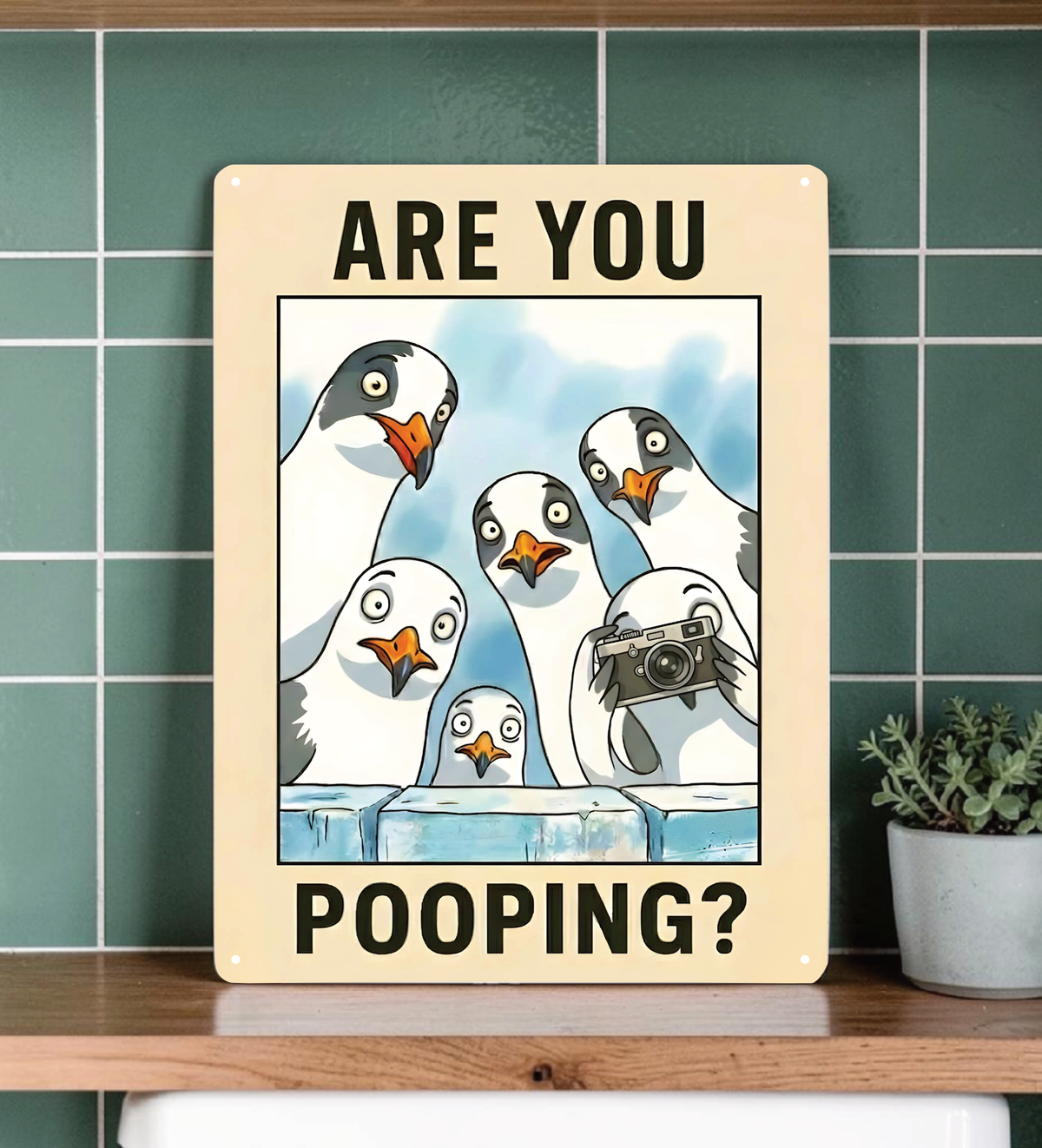 in rechteckiges, weißes Metallschild mit der Aufschrift „ARE YOU POOPING?“ oben und unten. In der Mitte blicken sechs neugierige, comicartig gezeichnete Möwen mit großen Augen über eine blaue Mauer direkt nach vorne. Das Schild steht aufrecht vor einem neutralen, hellen Hintergrund.