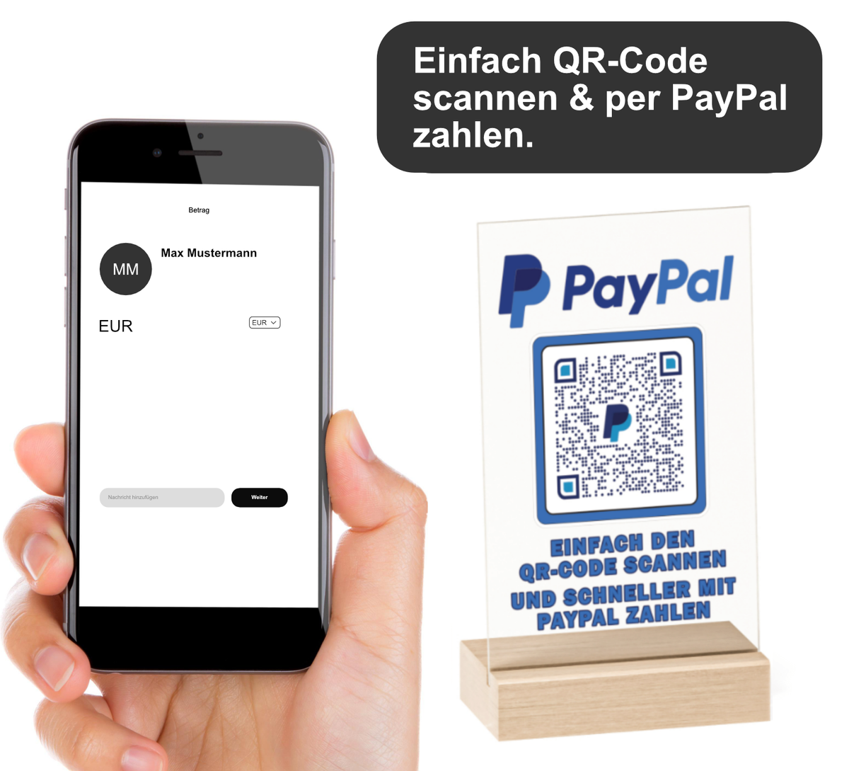 Dieses Acryl-Schild mit Holzfuss ist perfekt, um schnell Bezahlungen über PayPal abzuwickeln. Transparent im Format 1510 cm.