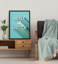 Motivations-Poster mit dem Schriftzug „Make It“ im 3D-Retro-Stil der 70er Jahre, hochwertiger Kunstdruck in Braun und Beige auf strukturiertem Hintergrund.