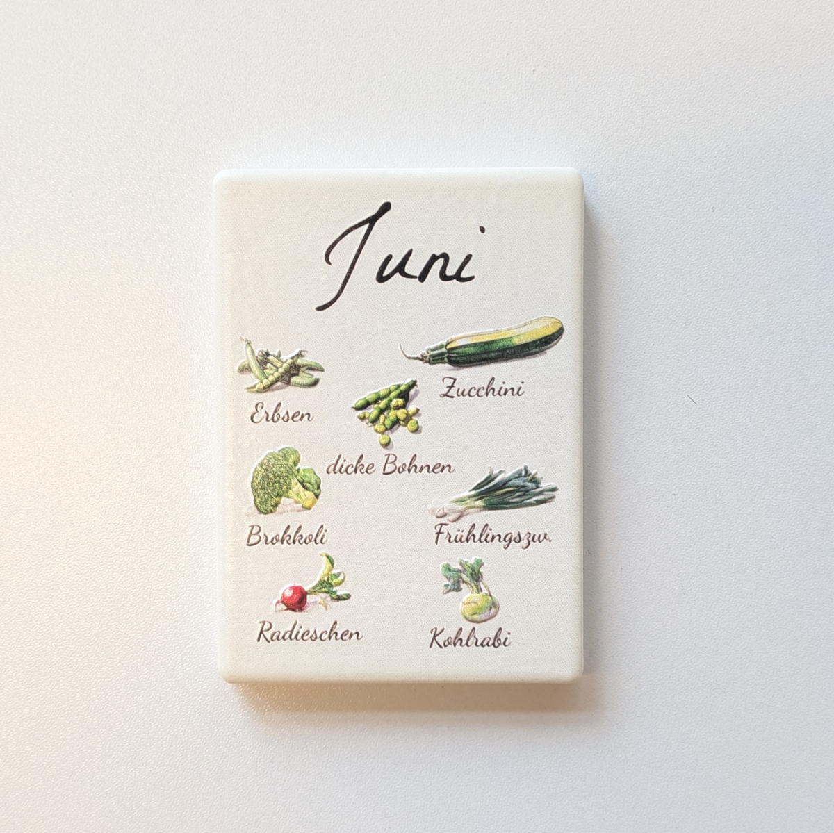 Saisonkalender Kühlschrankmagneten aus Keramik. Jeder Magnet repräsentiert einen Monat von Januar bis Dezember mit deutscher Beschriftung in geschwungener Schrift. Auf der cremefarbenen Oberfläche sind detailreiche, farbige Illustrationen von saisonalem Obst und Gemüse mit den jeweiligen Namen abgebildet.