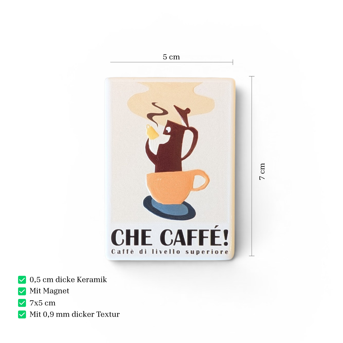 Rechteckiger Keramik-Kühlschrankmagnet mit italienischem Kaffee-Motiv „Che Caffé!“, Espressokanne in Tasse, Relief-Struktur, Vintage-Design in Beige- und Brauntönen.