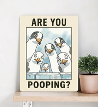Ein rechteckiges, weißes Metallschild mit der Aufschrift „ARE YOU POOPING?“ oben und unten. In der Mitte blicken sechs neugierige, comicartig gezeichnete Möwen mit großen Augen über eine blaue Mauer direkt nach vorne. Das Schild steht aufrecht vor einem neutralen, hellen Hintergrund.