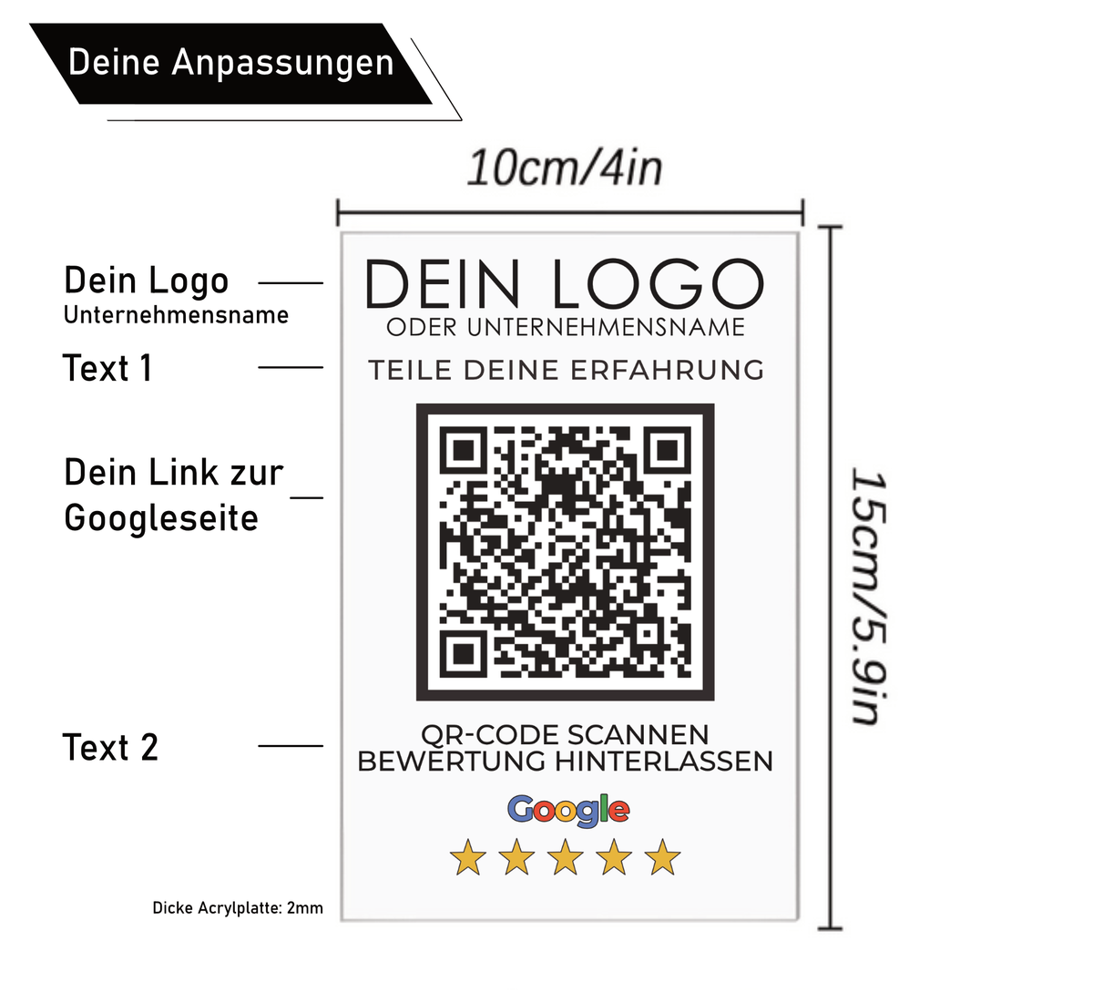 Google Bewertung QR-Code Aufsteller (15x10 cm) Material: Acrylglas + Holzsockel Personalisierung: QR-Code + Logo/Name Entwurf zur Freigabe inklusive Ideal für Tresen, Empfang, Events