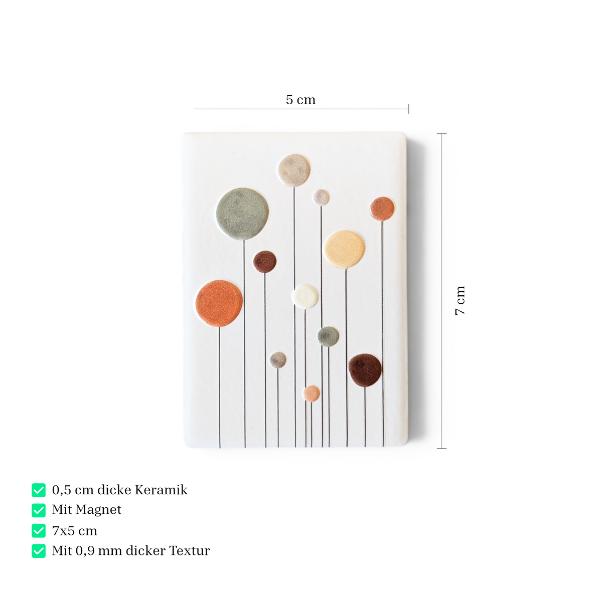 Rechteckiger, weißer Kühlschrankmagnet aus Keramik mit kunstvollen, abstrakt gezeichneten Blumen in bunten Farben wie Rosa, Orange und Blau im modernen Boho-Stil.