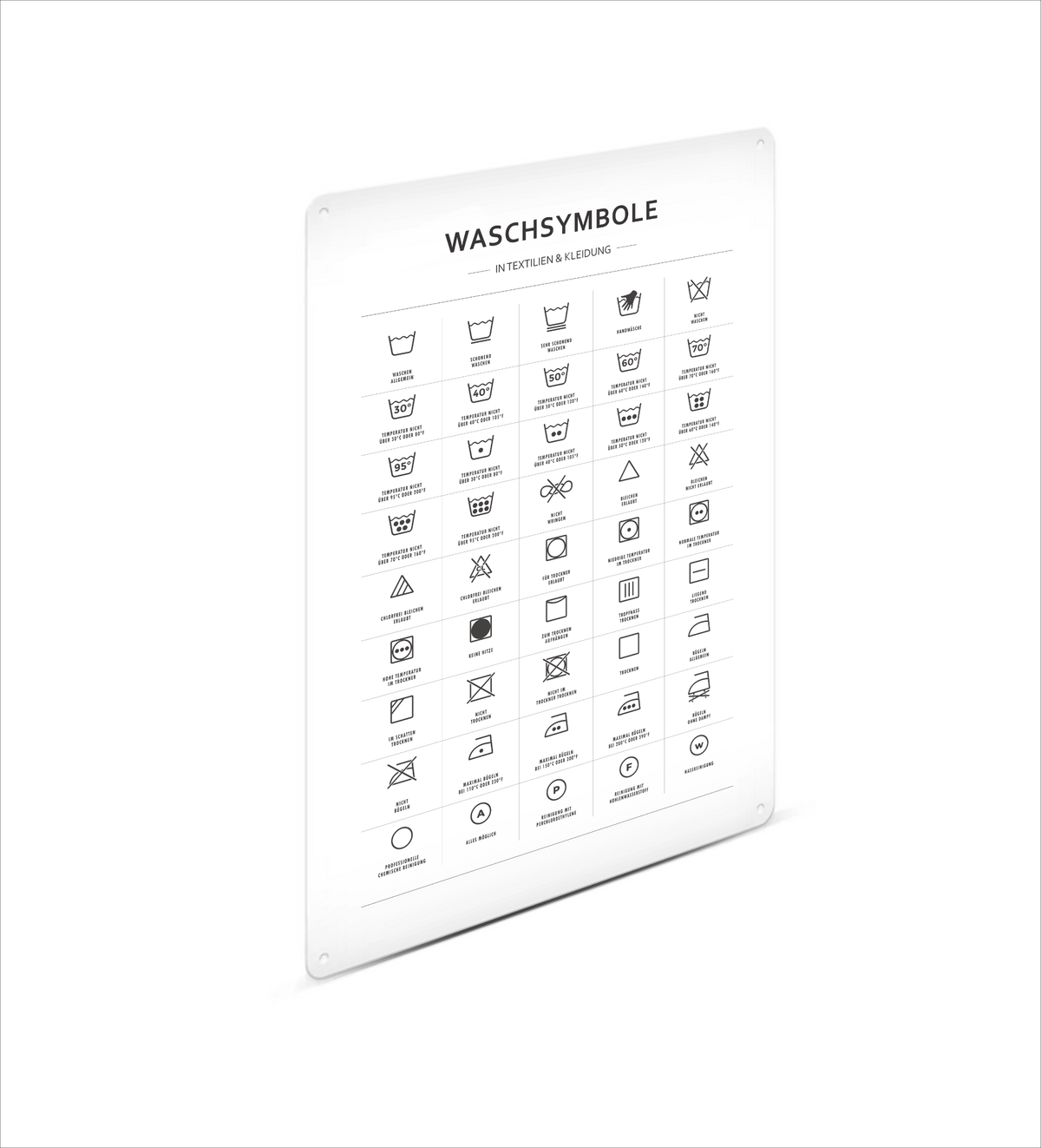 Metall Schild mit Waschsymbolen im A3-Format– ideal für Waschküche oder Badezimmer. Lichtbeständiger UV-Direktdruck - 4/0-farbig bedruckbar. Mit kleinen Vorbohrungen zum Befestigen.