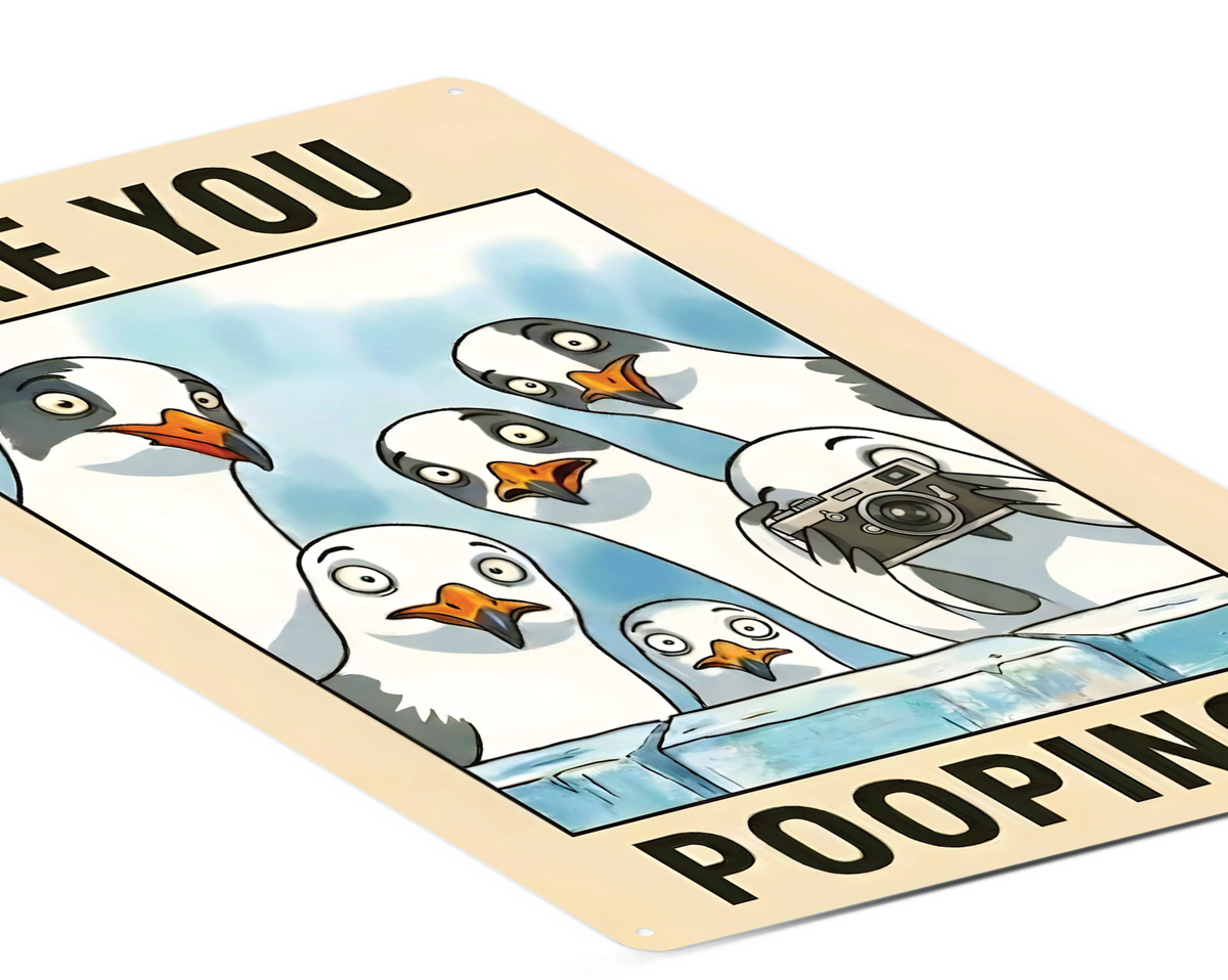 in rechteckiges, weißes Metallschild mit der Aufschrift „ARE YOU POOPING?“ oben und unten. In der Mitte blicken sechs neugierige, comicartig gezeichnete Möwen mit großen Augen über eine blaue Mauer direkt nach vorne. Das Schild steht aufrecht vor einem neutralen, hellen Hintergrund.