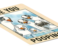 in rechteckiges, weißes Metallschild mit der Aufschrift „ARE YOU POOPING?“ oben und unten. In der Mitte blicken sechs neugierige, comicartig gezeichnete Möwen mit großen Augen über eine blaue Mauer direkt nach vorne. Das Schild steht aufrecht vor einem neutralen, hellen Hintergrund.