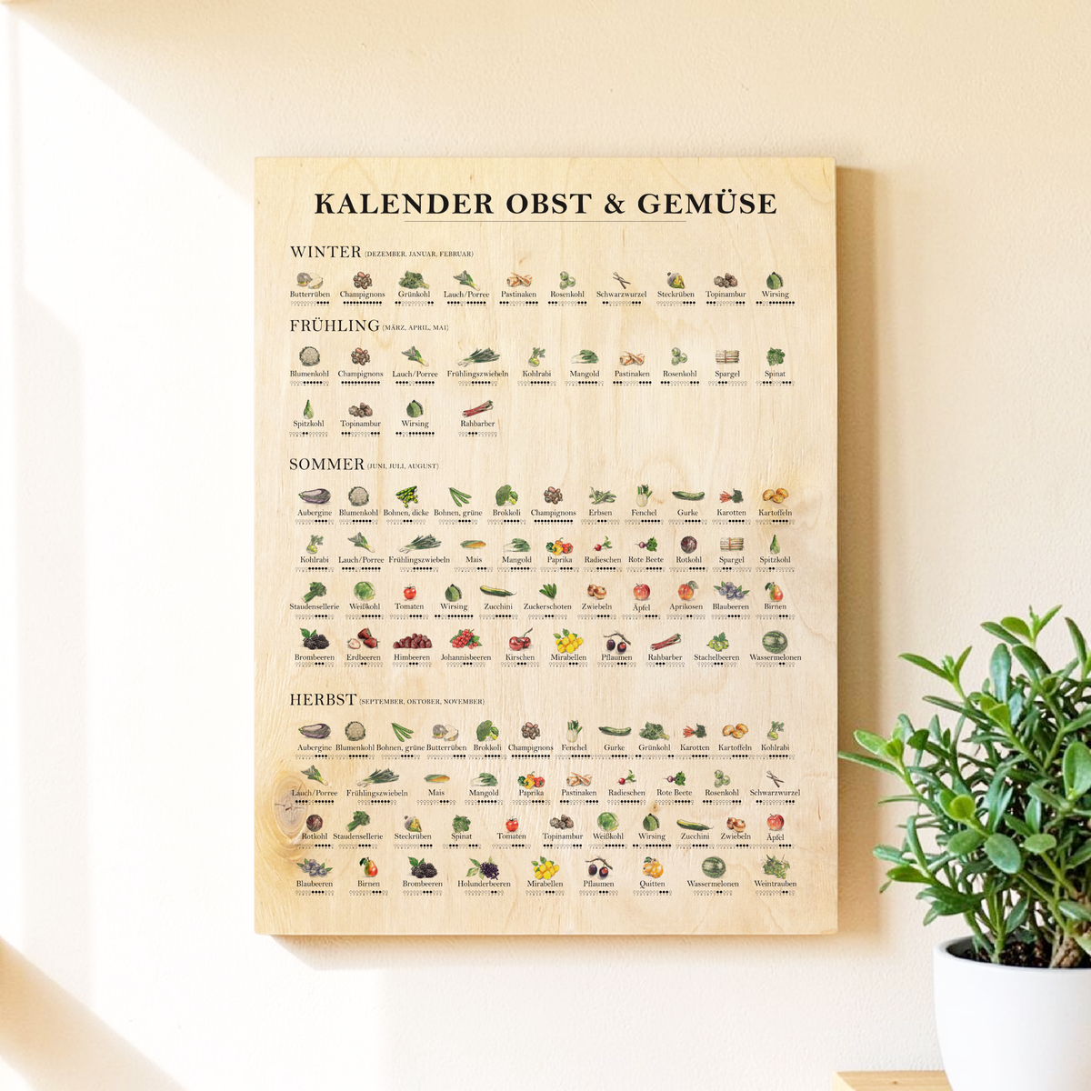 Saisonkalender für Obst und Gemüse als Küchenbild – liebevoll illustriert mit Jahreszeitenübersicht, nachhaltigem Design und UV-Druck auf 9mm Birkensperrholz, das Bild ist ideal als Küchendeko oder Geschenk für umweltbewusste Haushalte.
