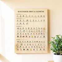 Saisonkalender für Obst und Gemüse als Küchenbild – liebevoll illustriert mit Jahreszeitenübersicht, nachhaltigem Design und UV-Druck auf 9mm Birkensperrholz, das Bild ist ideal als Küchendeko oder Geschenk für umweltbewusste Haushalte.