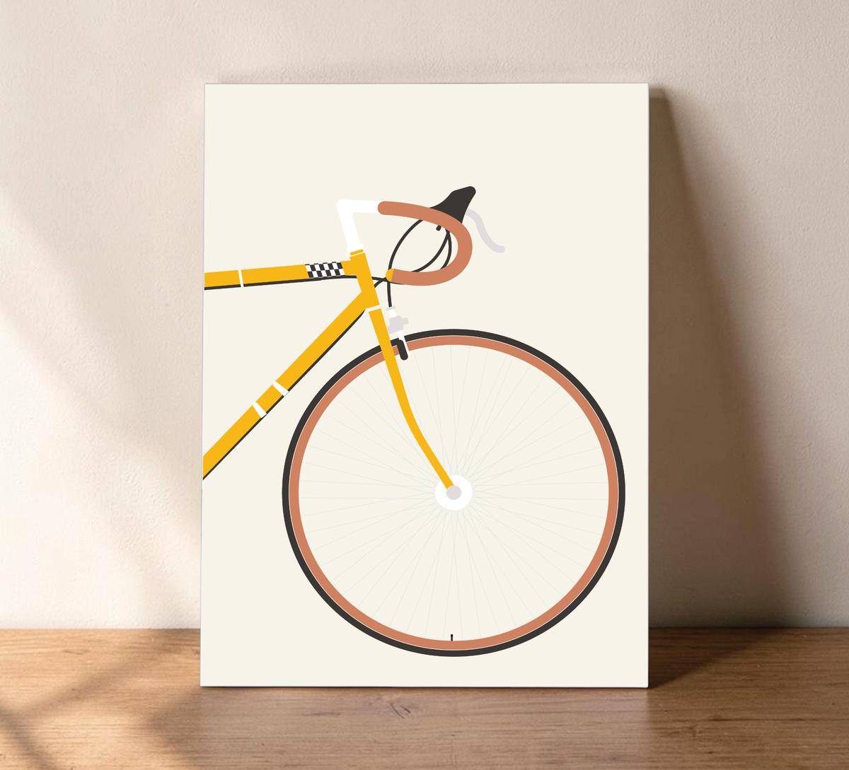 Minimalistisches Rennrad-Wandbild als UV-Direktdruck auf 3mm Alu-Dibond Platte, Format 30x40 cm, modernes Design für Radsport-Fans und Loft-Einrichtungen.