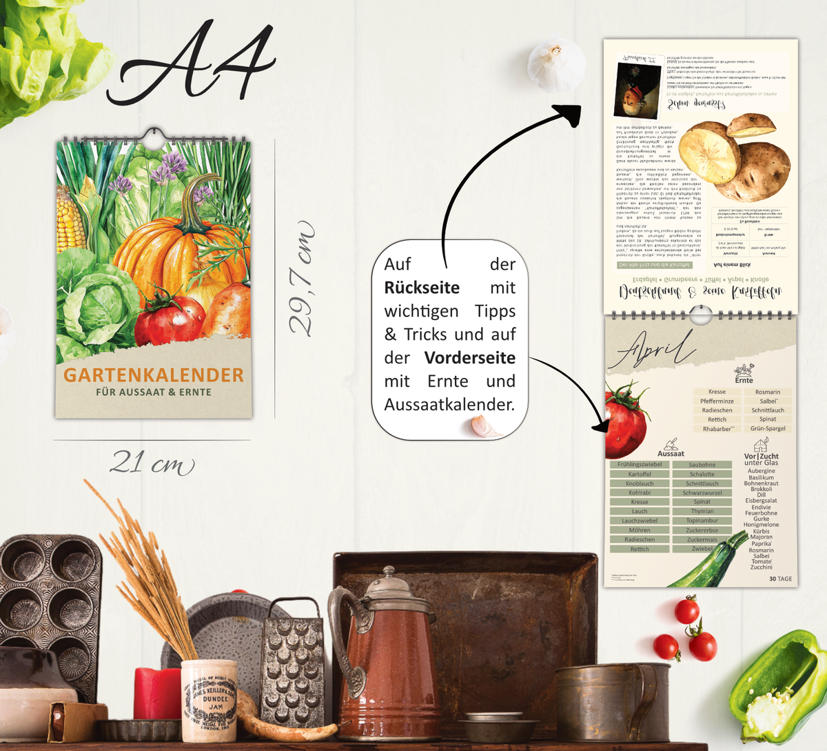 Ein hochwertiger Gartenkalender, der jeden Monat die Aussaat- und Erntezeiten übersichtlich darstellt. 