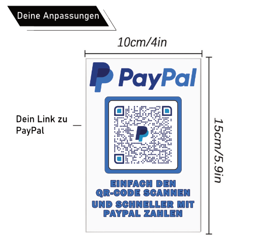 Dieses Acryl-Schild mit Holzfuss ist perfekt, um schnell Bezahlungen über PayPal abzuwickeln. 15x10 cm.