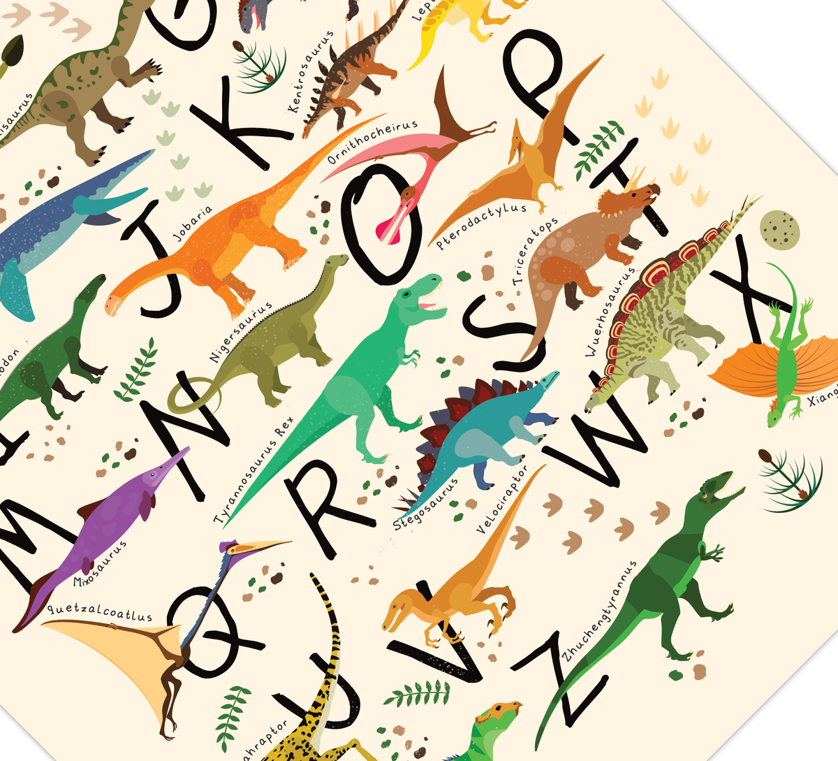 ABC Poster mit 24 niedlichen Dinosauriern in Beige, optional mit Name personalisierbar. Perfekt zur Einschulung! 🦕