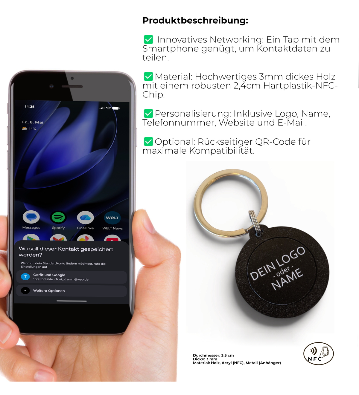 Hand hält einen runden, schwarzen NFC-Schlüsselanhänger aus Holz mit der
Aufschrift "DEIN LOGO -oder- NAME". Im Hintergrund eine kleine grüne Pflanze
auf hellem Tisch.