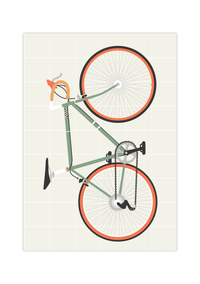 Dieses Poster im minimalistischen Stil zeigt ein grünes Rennrad auf beigen Hintergrund. 