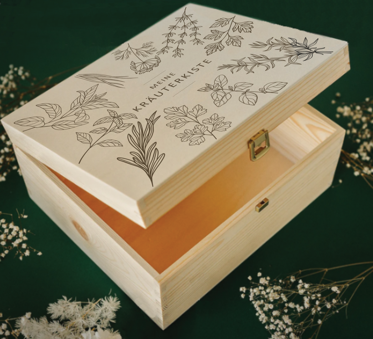 Personalisierte Kräuter-Saatgutbox aus Holz mit Gravur – stilvolle Aufbewahrung für Samen, Gartenaccessoires oder Erinnerungsstücke. Ideal als Geschenk für Gartenfreunde.