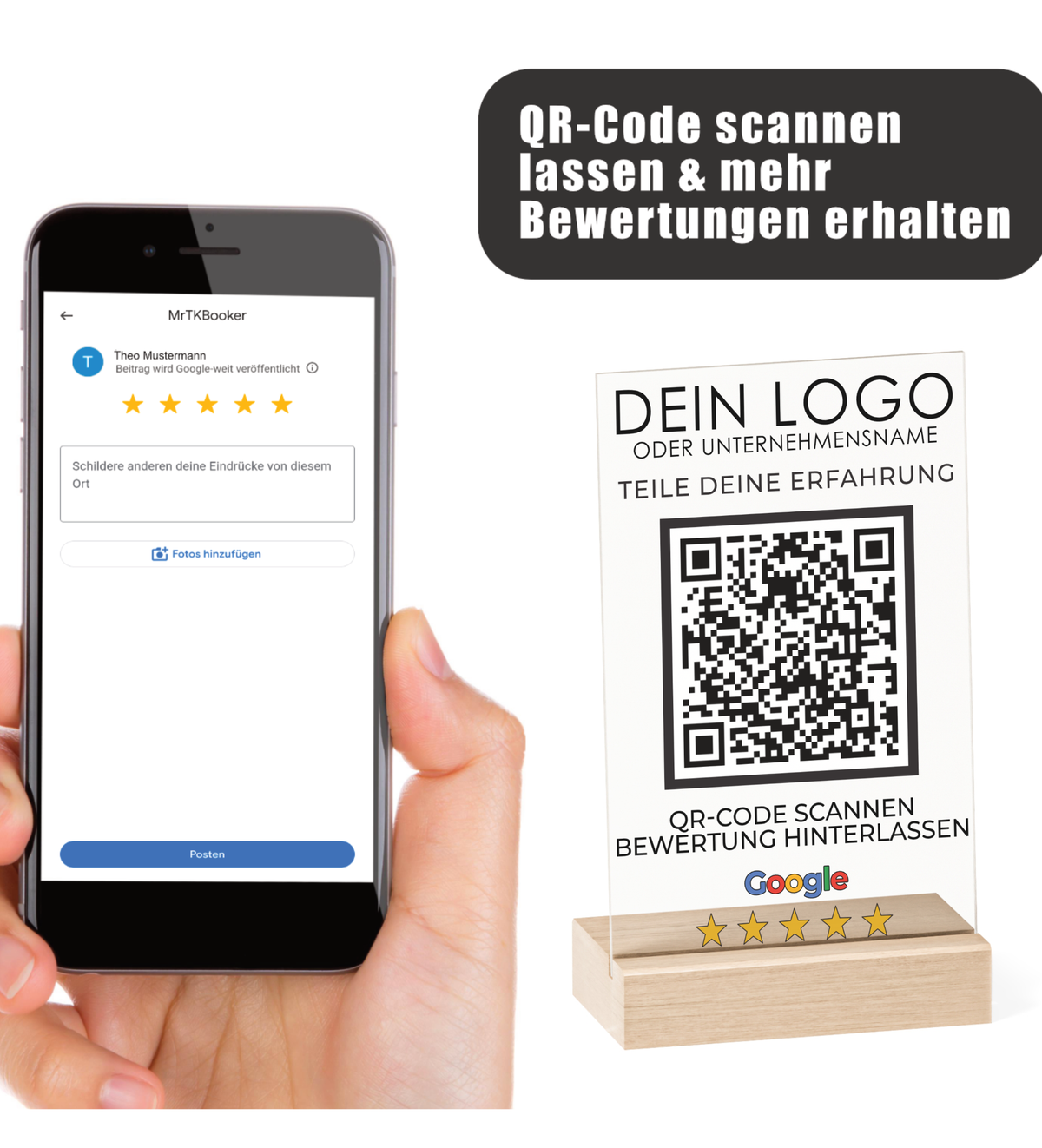 Google Bewertung QR-Code Aufsteller (15x10 cm) Material: Acrylglas + Holzsockel Personalisierung: QR-Code + Logo/Name Entwurf zur Freigabe inklusive Ideal für Tresen, Empfang, Events