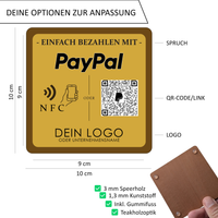 PayPal Aufsteller Holz mit NFC & QR-Code | Personalisiert mit Logo | Tischaufsteller kontaktlos bezahlen Gold oder Roségold (10x10 cm)