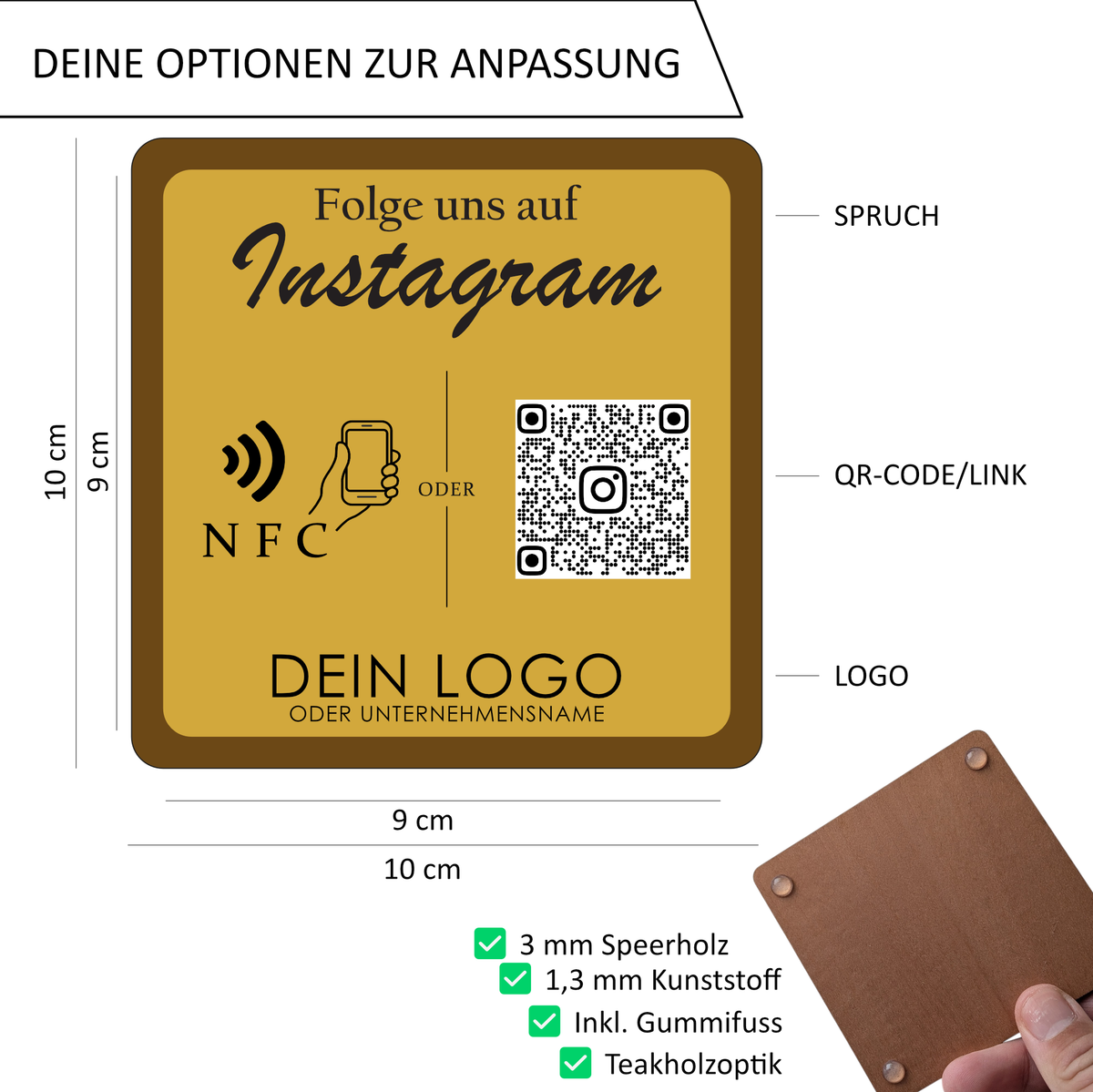 Instagram Follower Platte NFC & QR-Code | Platte Graviert in Metallic-Farben Gold oder Roségold | Tischplatte für Gastro und Laden mit Logo