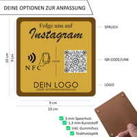 Instagram Follower Platte NFC & QR-Code | Platte Graviert in Metallic-Farben Gold oder Roségold | Tischplatte für Gastro und Laden mit Logo