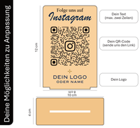 Instagram QR Code Aufsteller Holz personalisiert | Social Media Aufsteller Tischaufsteller mit fühlbarem UV-Druck & Logo | Business Schild