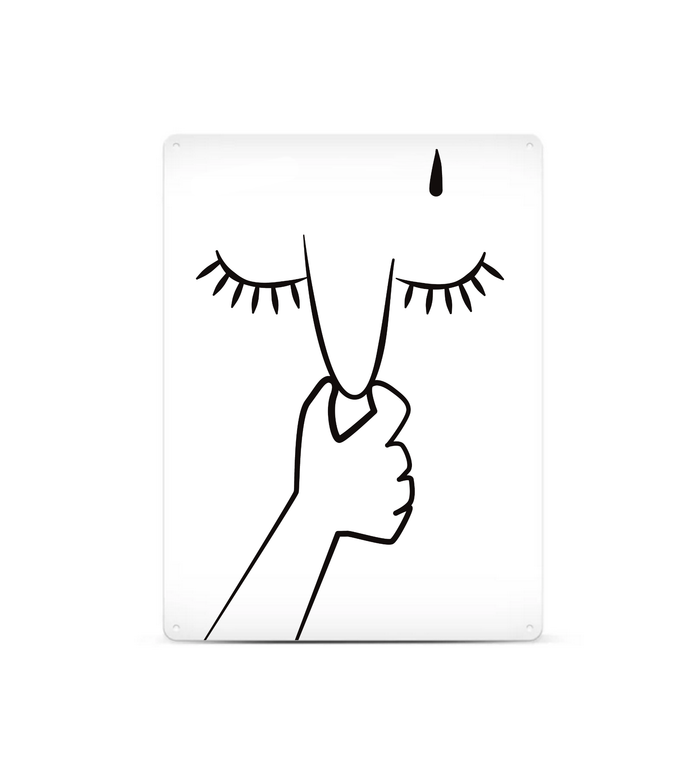 Witziges rechteckiges Blechschild für das Badezimmer mit einem humorvollen Motiv (Person hält sich die Nase zu) auf hochwertigem Metall, vier vorgebohrte Löcher zur Wandmontage.