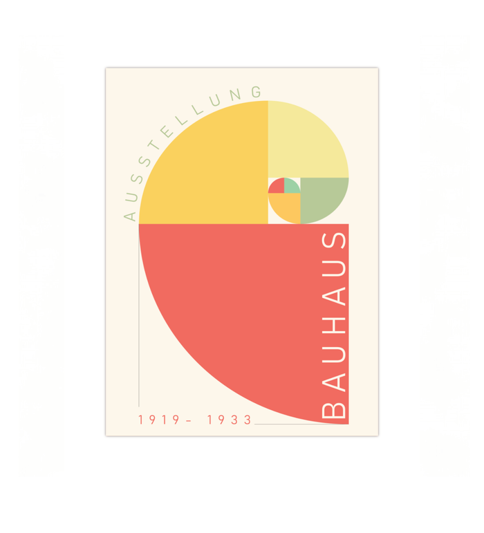 Minimalistisches Bauhaus-Wandbild auf Alu-Dibond, Motiv Goldener Schnitt und Fibonacci-Spirale, 30x40 cm, hochwertige matte Metall-Optik.