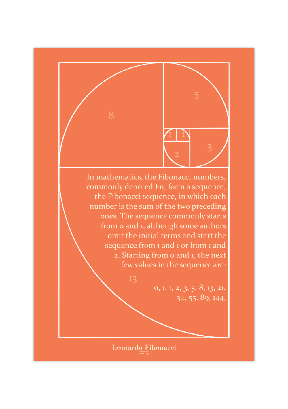 Dieses Poster zeigt dir die von Leonardo Fibonacci entwickelte Fibonacci Spirale oder auch Fibonacci Nummern in minimalistischer Darstellung inklusive dem Namen