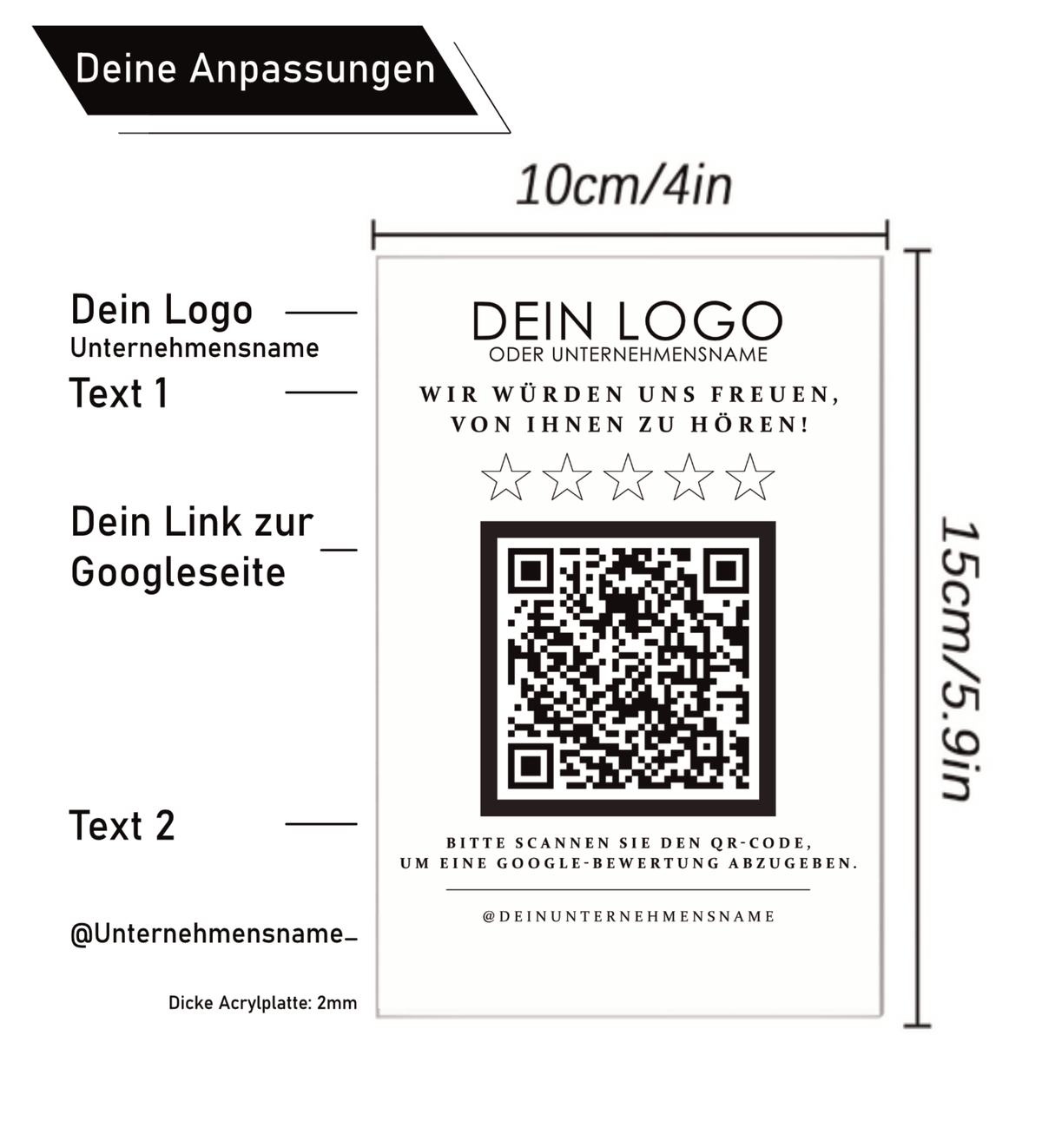 Google Bewertung QR-Code Aufsteller (13x15 cm) Material: Acrylglas + Holzsockel Personalisierung: QR-Code + Logo/Name Entwurf zur Freigabe inklusive Ideal für Tresen, Empfang, Events