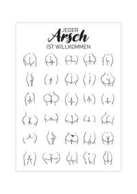 Humorvolles Badezimmer-Poster „Jeder Arsch ist Willkommen“ mit gezeichneten Hintern in verschiedenen Formen & Farben.